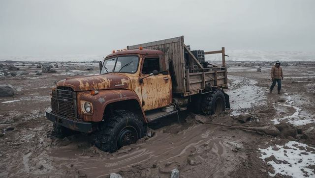Abandoned flatbed truck stuck in muddy landscape