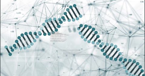 Stylized dna helix network with teal nodes representing genomics data visualization