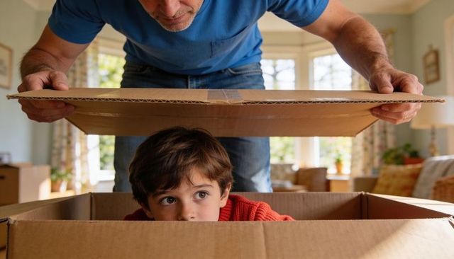 Curious child hiding in moving box while father lifts cardboard lid in sunlit living room