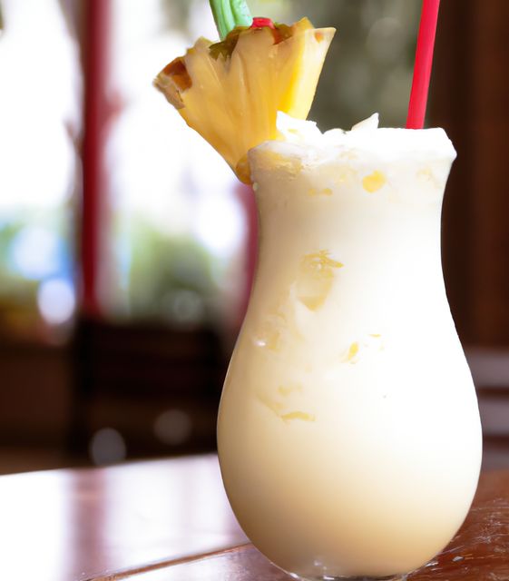 Close-up of a refreshing piña colada cocktail with pineapple garnish and red straw placed on a bar table. Perfect for advertising summer beverages, tropical-themed parties, or holiday promotions. Use in restaurant menus, bar promotions, drink recipe articles, or vacation marketing materials.