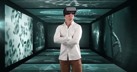 Businessman Immersed in Virtual Reality of Medical Data Processing