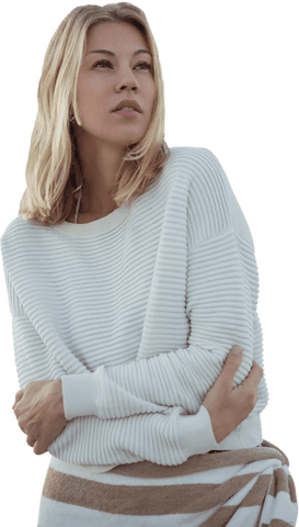 Caucasian Woman with Blonde Hair in Cozy Sweater on Transparent Background