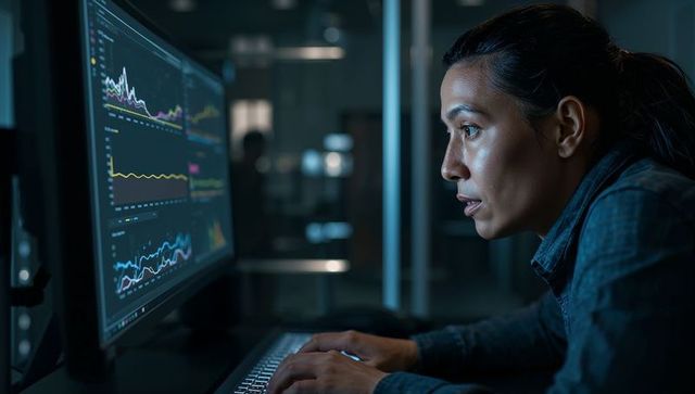 Analyzing real-time analytics dashboard on monitor and typing during late-night data work