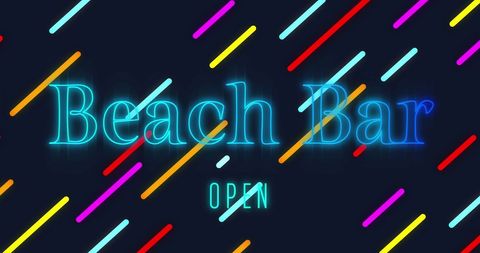 Beach Bar Open Sign with Neon Lines on Black Background