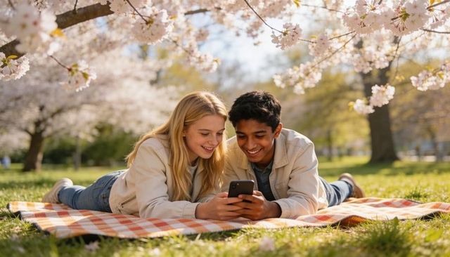Teenagers lying on picnic blanket sharing smartphone under cherry blossoms in spring park
