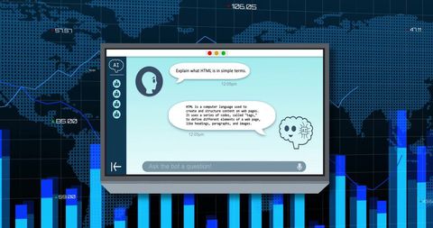 chatbot explaining html on digital screen with global data - Download Free Stock Images Pikwizard.com