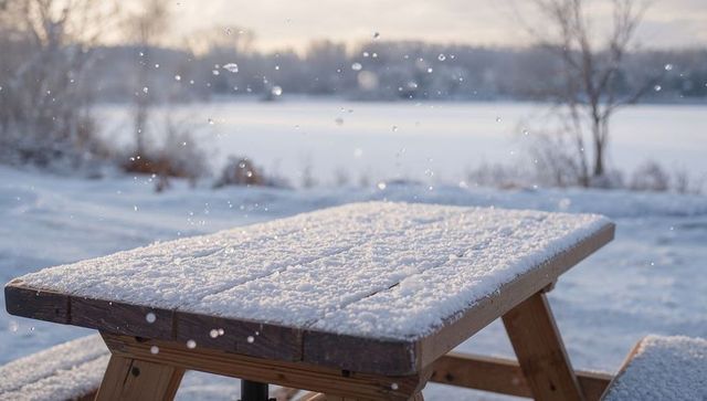 Snow-covered wooden picnic table overlooking frozen lake with falling snow