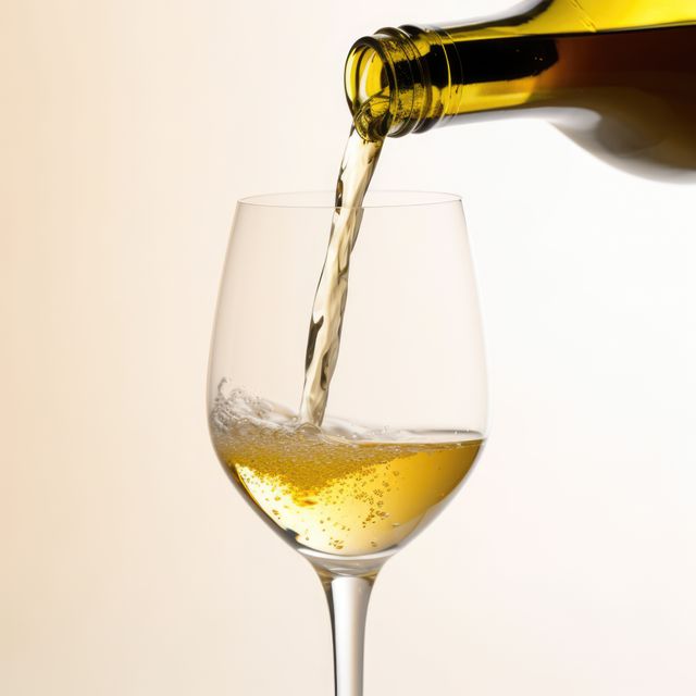 Close-up of white wine pouring into a glass, capturing the bubbling liquid and elegant atmosphere. Suitable for use in advertisements for wine brands, articles about wine tasting, or lifestyle blogs focusing on beverages and celebrations.