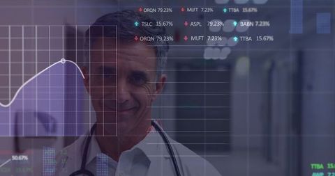 Smiling Doctor with Data Visualizations in Digital Healthcare Innovation