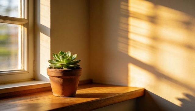 Sunbathing rosette succulent in terracotta pot on wooden windowsill with warm slatted shadows