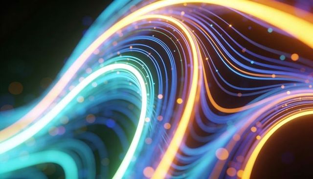 Neon energy ribbons weaving through dark space with glowing particle trails