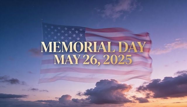 Memorial day may 26 2025 gold text rippling american flag at dusk twilight remembrance