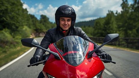 Riding red sportbike on winding country road wearing black helmet and leather jacket
