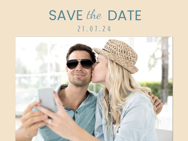 Couple sharing happiness in a stylish Save the Date selfie template provides an excellent option for announcing wedding dates. Perfect for use in wedding invitations, engagement notifications, or social media celebrations, this inviting image captures a joyous moment and sets a positive tone for upcoming nuptials. Ideal for couples in love who value a personal touch in their announcements.