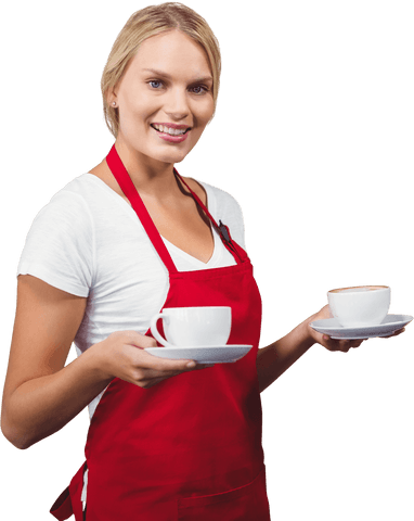 Transparent Cafe Barista Holding Coffee Cups Smiling