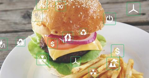Cheeseburger with melted cheese and crispy fries with green sustainability icons overlay