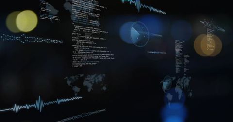 Futuristic HUD Display with Floating Code Columns, Waveforms and Global Telemetry