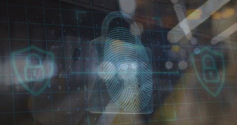 Fingerprint Scan with Padlock Icons and Data Symbols Overlay