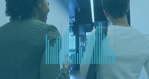 Bar Chart Animation with Colleagues Collaborating in Office Hallway
