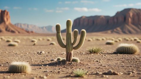 Majestic saguaro cactus in drought-affected southwestern desert landscape