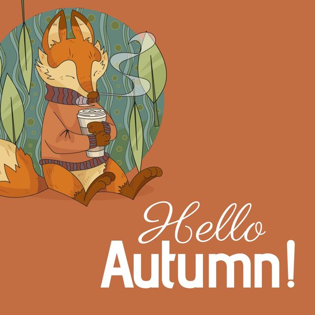 Illustration featuring a fox with a hot beverage, wearing a sweater amidst fall leaves and greeting text 'Hello Autumn'. Ideal for autumn marketing, seasonal greetings, social media posts, and autumn-themed designs.