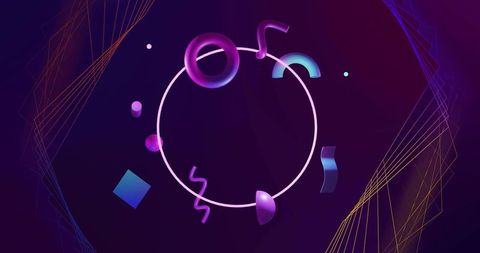 Floating Neon Ring with 3D Shapes, Gradient Wireframe and Futuristic Abstract Design