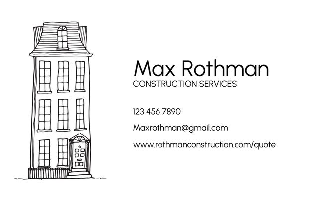 This minimalist business card design prominently features a hand-drawn house sketch and essential contact details for a construction services professional. Ideal for anyone in the construction industry, this clean and professional layout ensures clarity while reflecting a personal touch. This template can be used to craft personalized business cards that stand out in professional networking and client relationships.