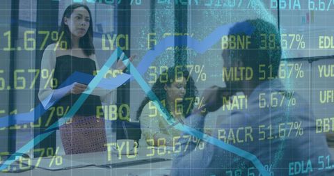 business team analyzing trends with financial data overlay - Download Free Stock Images Pikwizard.com