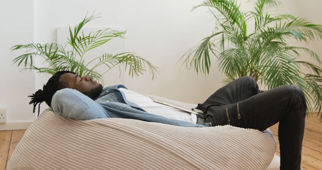 Man Relaxing on Bean Bag Chair in Bright Modern Room with Plants - Download Free Stock Images Pikwizard.com