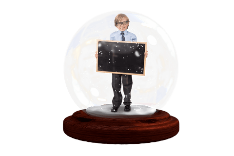 Child with Blackboard in Snow Globe on Transparent Background