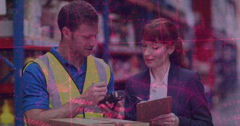 Warehouse team scanning parcels with handheld scanner and clipboard, digital data overlay