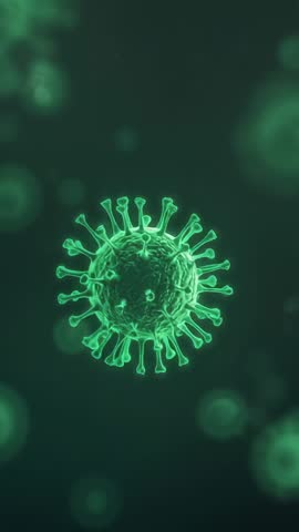 Spinning neon virus particle pulsing in dark green fluid vertical loop for medical science