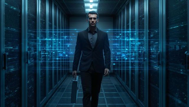 Businessman Walking Through Futuristic Data Center Holding Briefcase and Network Lights