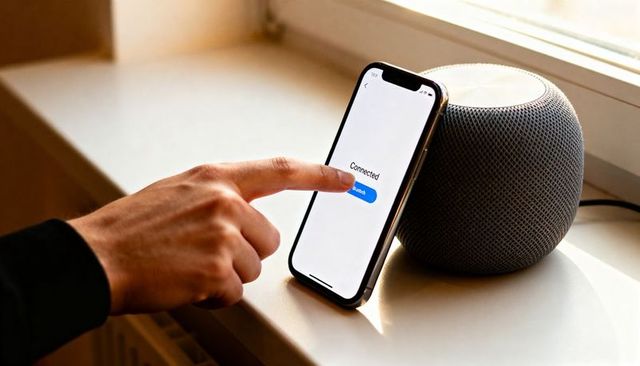 Hand tapping smartphone showing connected next to modern smart speaker on windowsill