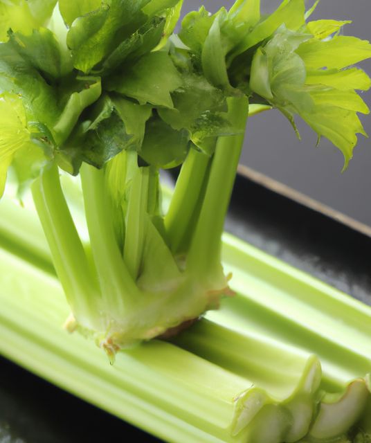 Close up of green celery over kitchen created using generative ai technology. Nature and food concept, digitally generated image.