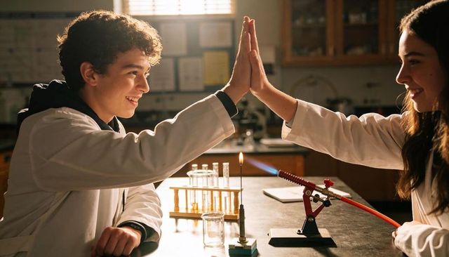 High-fiving teens in lab coats celebrating chemistry lab success with bunsen burner flame