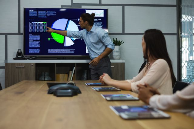 Male executive pointing at a screen displaying data charts and graphs while colleagues listen attentively in a modern conference room. Ideal for use in business, corporate training, teamwork, and professional development contexts.