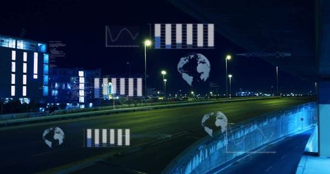 Night city highway with digital data overlays and streetlights