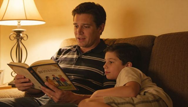 Father reading bedtime story with son on couch by lamp, cozy family bonding moment