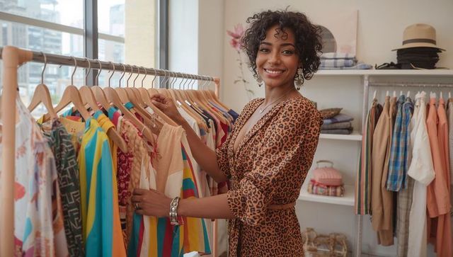 Black boutique owner selecting colorful tops while smiling in stylish urban boutique shop