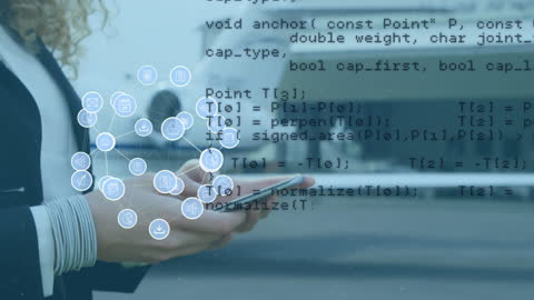 Businessman Analysing Data on Smartphone with Code Overlay