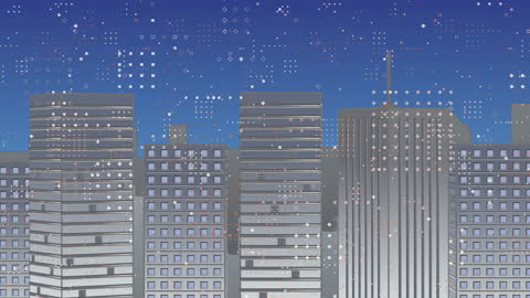 Digital Data Transforming Urban Skyscrapers at Dusk