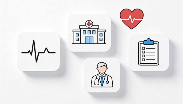 Medical icons flatlay featuring hospital building doctor ekg clipboard and red heart