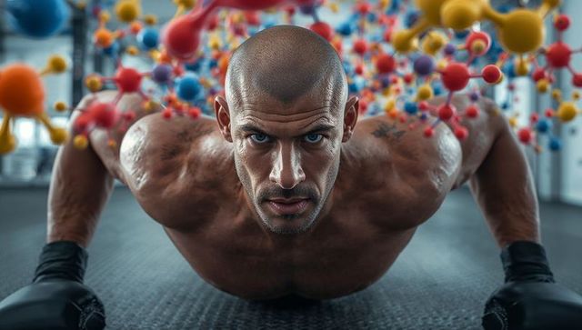 Muscular athlete performing push-ups at gym with molecular structures