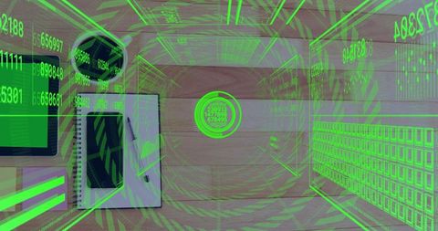 Projecting central holographic hud over wood desk with tablet and notebook, neon green interface