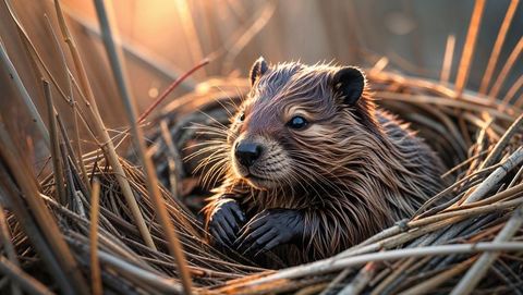Young beaver kit resting amidst reeds in natural nest