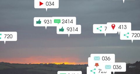 Rural Landscape with Social Media Icons Over Sunset Field