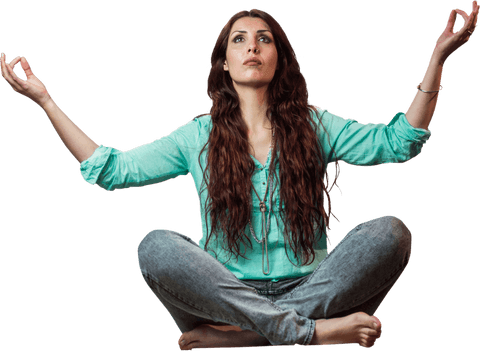 Transparent Woman Levitating in Lotus Position with Raised Arms