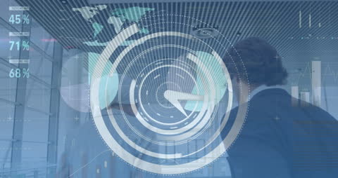 Business professionals interact within a digital environment, highlighted by a superimposed data interface signifying communication in tech. This visual is ideal for illustrating innovation, global communication, and digital advancements in finance and business technology presentations or websites.