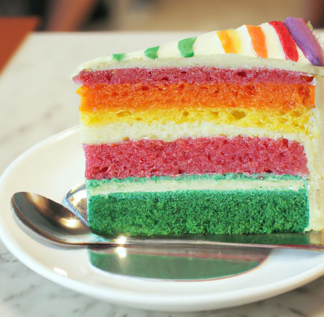 Perfect for blogs, menus or food magazines, this vibrant rainbow cake slice on a white plate with a spoon represents celebration, appetizing desserts, and gourmet confectionery. Ideal for promoting cafes, bakeries, and food-related events.